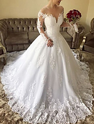cheap -Princess Ball Gown Wedding Dresses Jewel Neck Court Train Lace Tulle Long Sleeve Formal Romantic Luxurious with Appliques 2022