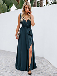 cheap -A-Line Bridesmaid Dress V Neck Sleeveless Elegant Floor Length Chiffon with Bow(s) / Pleats / Slit 2022