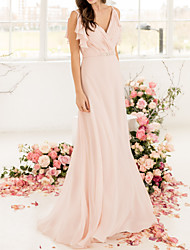 cheap -A-Line Bridesmaid Dress V Neck Sleeveless Elegant Floor Length Chiffon with Ruffles 2022