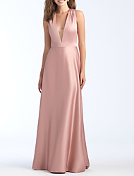 cheap -A-Line Bridesmaid Dress V Neck Sleeveless Elegant Floor Length Charmeuse with Pleats 2022