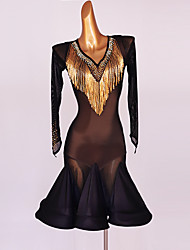 cheap -Latin Dance Dress Beading Crystals / Rhinestones Sequins Women&#039;s Performance Long Sleeve Chinlon Mesh