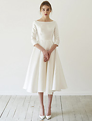 cheap -Princess A-Line Wedding Dresses V Neck Tea Length Satin Short Sleeve Simple Vintage Little White Dress with Pleats 2022