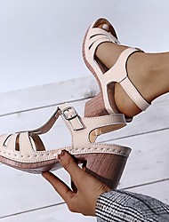 cheap -Women&#039;s Sandals Chunky Heel Peep Toe Rubber PU Buckle Black Pink Beige