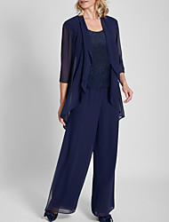 cheap -Pantsuit / Jumpsuit Mother of the Bride Dress Elegant Jewel Neck Floor Length Chiffon Lace 3/4 Length Sleeve with Appliques 2022