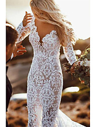 cheap -Sheath / Column Wedding Dresses V Neck Court Train Lace Long Sleeve Romantic Sexy with Appliques 2022
