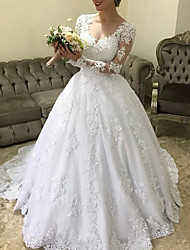 cheap -Princess Ball Gown Wedding Dresses Jewel Neck Court Train Lace Tulle Long Sleeve Formal Romantic Luxurious with Appliques 2022