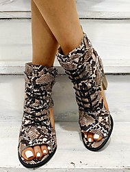 cheap -Women&#039;s Sandals Summer Boots Block Heel Sandals Chunky Heel Peep Toe Roman Shoes Daily PU Ankle Strap Summer Snake Brown