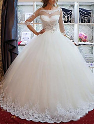 cheap -Princess Ball Gown Wedding Dresses Jewel Neck Floor Length Lace Tulle Half Sleeve Formal Romantic Luxurious with Bow(s) Appliques 2022