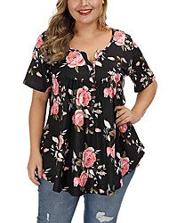 cheap -Women&#039;s Plus Size Tops Blouse Floral Ruffle Print Short Sleeve V Neck Streetwear Valentine&#039;s Day Daily Going out Cotton Blend Green Blue / Loose