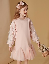 cheap -Kids Little Girls&#039; Dress Solid Colored Festival Patchwork Blushing Pink Knee-length Long Sleeve Sweet Dresses New Year Spring &amp;  Fall Regular Fit 3-13 Years