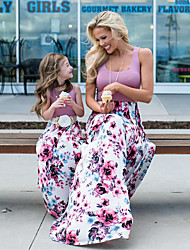 cheap -Mommy and Me Dresses Floral Print Daily Light Purple Sleeveless Maxi  Dress Family Photo Family look Matching Outfits