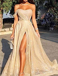 cheap -A-Line Sparkle Sexy Engagement Prom Birthday Dress Strapless Sleeveless Sweep / Brush Train Sequined with Pleats Slit 2022