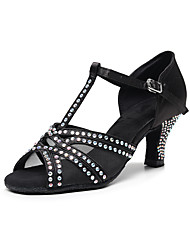 cheap -Women&#039;s Latin Shoes Heels Party / Evening Stage Practise High Heel Crystal / Rhinestone Tulle High Heel Pumps Open Toe Black Buckle T-Strap Glitter Crystal Sequined Jeweled / Satin / Satin / Silk