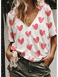 cheap -Women&#039;s T shirt Heart Print V Neck Tops Cotton Basic Basic Top White