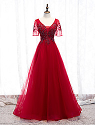 cheap -A-Line Luxurious Elegant Wedding Guest Formal Evening Dress Spaghetti Strap Short Sleeve Floor Length Tulle with Beading Appliques 2022