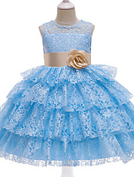 cheap -Kids Little Girls&#039; Dress Jacquard Flower Party Birthday Party Layered Lace White Blue As Picture Above Knee Sleeveless Streetwear Cute Dresses Children&#039;s Day Slim 3-12 Years