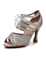 cheap -Women&#039;s Latin Shoes Heels High Heel Crystal / Rhinestone Crystal Heel High Heel Pumps Open Toe Green White Black Ribbon Glitter Crystal Sequined Jeweled / Satin