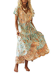 cheap -Women&#039;s A Line Dress Maxi long Dress Pink Light Green Short Sleeve Pattern Spring &amp; Summer Casual 2022 S M L XL