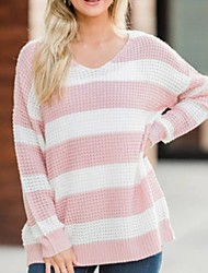 cheap -Women&#039;s Sweater Knitted Striped Casual / Daily Acrylic Fibers Long Sleeve Sweater Cardigans Crew Neck Fall Winter Blue Blushing Pink Khaki