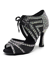 cheap -Women&#039;s Latin Shoes Heels Party / Evening Stage Practise Classic &amp; Timeless Crystal / Rhinestone High Heel Pumps Open Toe Black Ribbon Glitter Crystal Sequined Jeweled / Satin / Satin / Silk
