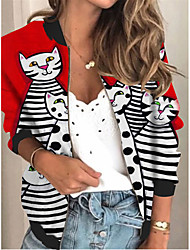 cheap -Women&#039;s Jacket Bomber Jacket Varsity Jacket Daily Holiday Valentine&#039;s Day Fall Spring Regular Coat V Neck Regular Fit Sporty Casual Jacket Long Sleeve Cat Animal Patterned Print Red