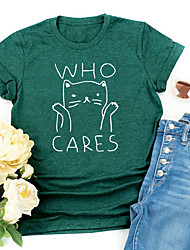cheap -Women&#039;s T shirt Cat Graphic Letter Print Round Neck Basic Tops Slim Blue Blushing Pink Wine