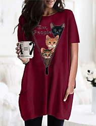 cheap -Women&#039;s T shirt Dress Cat Graphic 3D Round Neck Tops Basic Basic Top Black Wine Army Green