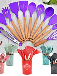 cheap -Kitchen Cooking Utensils 12 Pieces Set with Holder Silicone Cooking Spoon Spatula Wooden Handle Spatula for Nonstick Cookware Silicone Kitchen Cooking Tools Utensils Tongs Whisk Ladle Heat Resistant