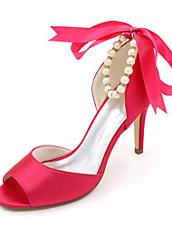 cheap -Women&#039;s Wedding Shoes Ankle Strap Heels Wedding Sandals Bridal Shoes Pearl Imitation Pearl Ribbon Tie Stiletto Heel Peep Toe Satin Lace-up Solid Colored White Fuchsia Champagne