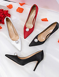 cheap -Women&#039;s Heels Wedding Heels Bridal Shoes Bridesmaid Shoes Pearl High Heel Satin Loafer Solid Colored White Black Red