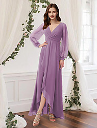 cheap -A-Line Empire Elegant Wedding Guest Prom Dress V Neck Long Sleeve Ankle Length Chiffon with Pleats 2022