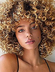 cheap -Psalms Hair Short Curly Blonde Wig for Black Women Natural Puffy Afro Wig with Bangs Goodly Kinky Curly Wig Synthetic Heat Resistant Full Wigs(Brown Mixed Blonde)