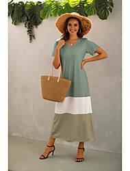 cheap -Women&#039;s Stitching Color Dress Maxi Long Dress Short Sleeve Daily V Neck