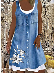 cheap -Women&#039;s Shift Dress Knee Length Dress Denim color Green Gray Sleeveless Print Button Spring Summer Round Neck Regular Fit S M L XL XXL XXXL
