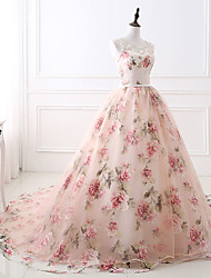 cheap -Ball Gown Floral Quinceanera Formal Evening Valentine&#039;s Day Dress Illusion Neck Sleeveless Chapel Train Satin with Beading Pattern / Print Appliques 2022
