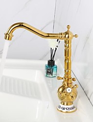 cheap -Antique Brass Kitchen Faucet, Standard Spout Deck Mounted Rotatable Two Handles One Hole Kitchen Taps with Hot and Cold Switch and Ceramic Valve
