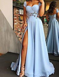 cheap -A-Line Elegant Floral Engagement Prom Dress Scoop Neck Sleeveless Sweep / Brush Train Satin with Slit Appliques 2022