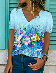 cheap -Women&#039;s Floral Theme Abstract Painting T shirt Floral Flower Print V Neck Basic Tops Blue