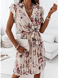 cheap -Women&#039;s A Line Dress Knee Length Dress Black Pink Apricot Short Sleeve Floral Print Ruched Lace up Pleated Spring Summer V Neck Stylish Elegant Casual Butterfly Sleeve 2022 S M L XL 2XL / Ruffle