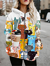 cheap -Women&#039;s Jacket Hoodied Jacket Casual Jacket Daily Holiday Fall Spring Regular Coat Zipper Hoodie Regular Fit Warm Casual Jacket Long Sleeve Cat Animal Patterned Print Rainbow