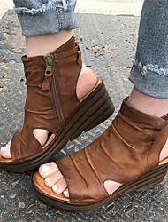 cheap -Women&#039;s Sandals Wedge Sandals Booties Ankle Boots Lace-up Wedge Heel Peep Toe PU Zipper Solid Colored Light Brown Green Black / Booties / Ankle Boots