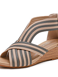 cheap -Women&#039;s Sandals Wedge Sandals Wedge Heel Peep Toe PU Zipper Damask Almond Black Brown