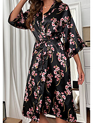 cheap -Women&#039;s Robes Gown Bathrobes 1 pc Print Satin Casual Comfort Home Party Wedding Party Polyester Gift Print Belt Included Spring Summer Black / Spa