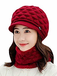 cheap -winter headwear two piece set womens knitted beanie hat with brim warm ski hats with fleece scarf neck warmer red