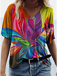 cheap -Women&#039;s Abstract Painting T shirt Graphic Pocket Print V Neck Basic Tops Green Blue Purple / 3D Print