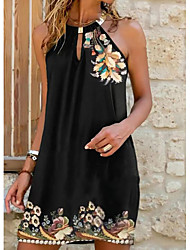 cheap -Women&#039;s Shift Dress Short Mini Dress Black Sleeveless Floral Pattern Cold Shoulder Print Summer Halter Neck Hot Casual Sexy 2022 S M L XL