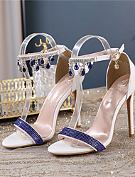 cheap -Women&#039;s Wedding Shoes Ankle Strap Heels Wedding Heels Wedding Sandals Bridesmaid Shoes Rhinestone Crystal Buckle Pumps Open Toe PU Ankle Strap Solid Colored Blue / Tassel / Tassel