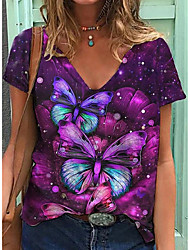 cheap -Women&#039;s Abstract Butterfly Painting T shirt Butterfly Heart Print V Neck Basic Tops Cotton Blue Purple Red