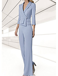 cheap -Two Piece Pantsuit / Jumpsuit Mother of the Bride Dress Elegant V Neck Floor Length Stretch Chiffon 3/4 Length Sleeve with Buttons 2022