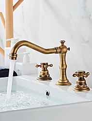 cheap -Brass Bathroom Faucet, Brushed Finish Antique Copper Two Handles Three Holes Widespread Bathroom Sink Faucet Contain with Cold and Hot Switch